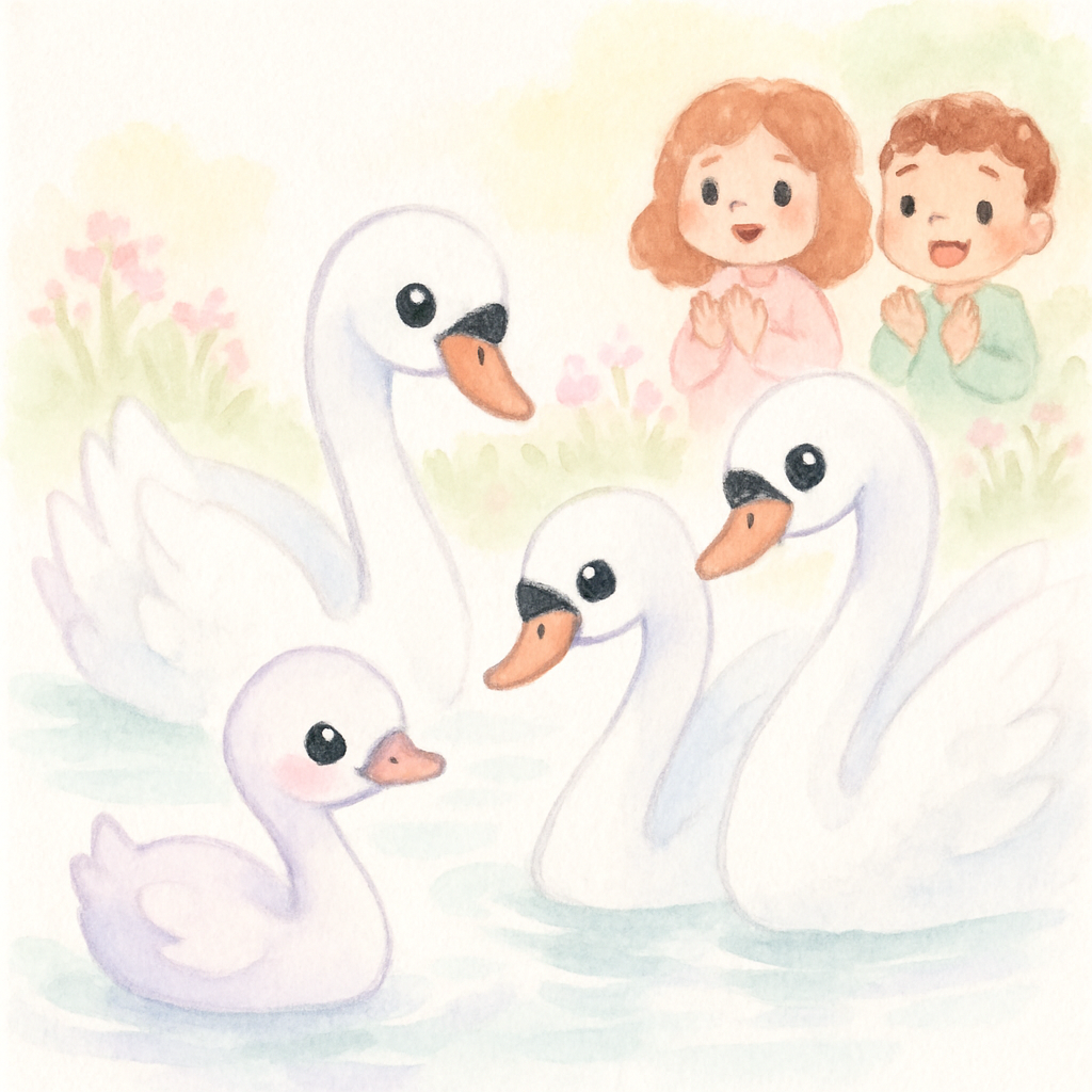 다른 백조들이 날아와 새로운 백조를 환영하며 함께 물 위를 우아하게 떠다니는 장면